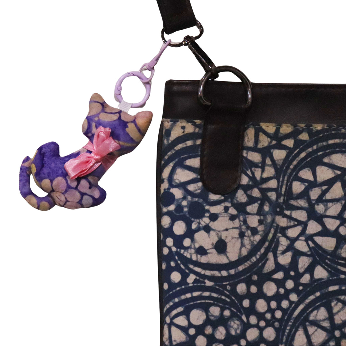 Cat-shaped batik keychain charm, handmade