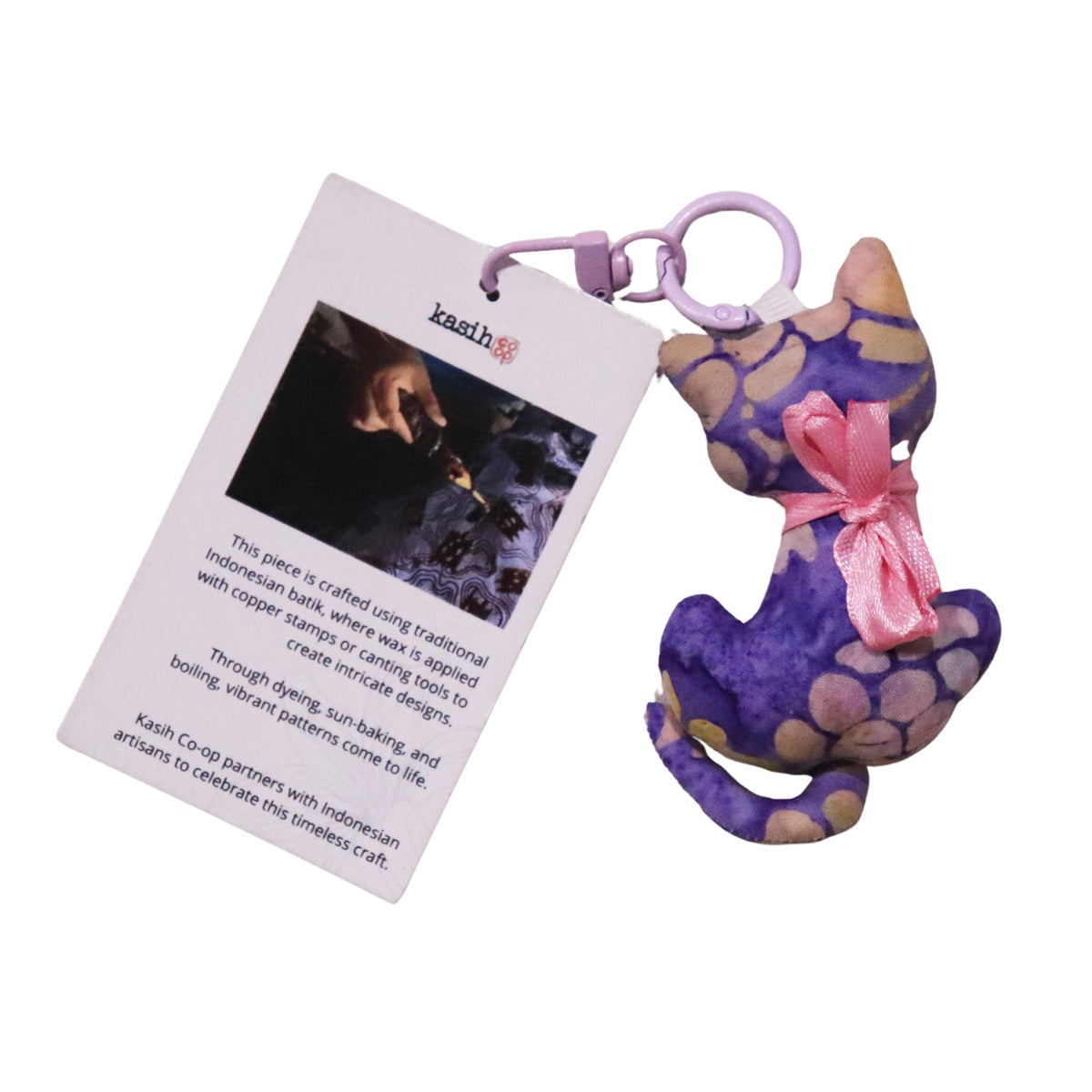 Cat-shaped batik keychain charm, handmade