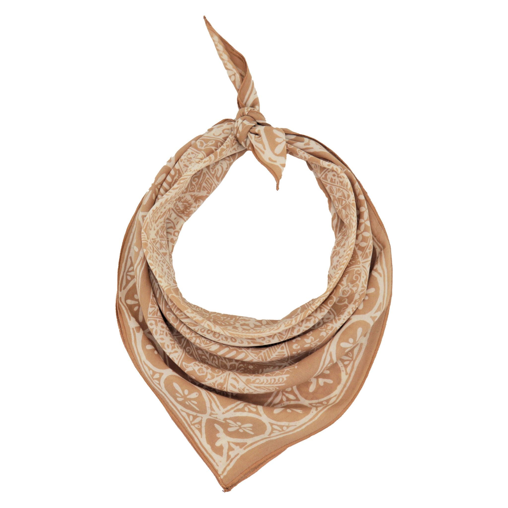 Beige patterned batik bandana on a white background