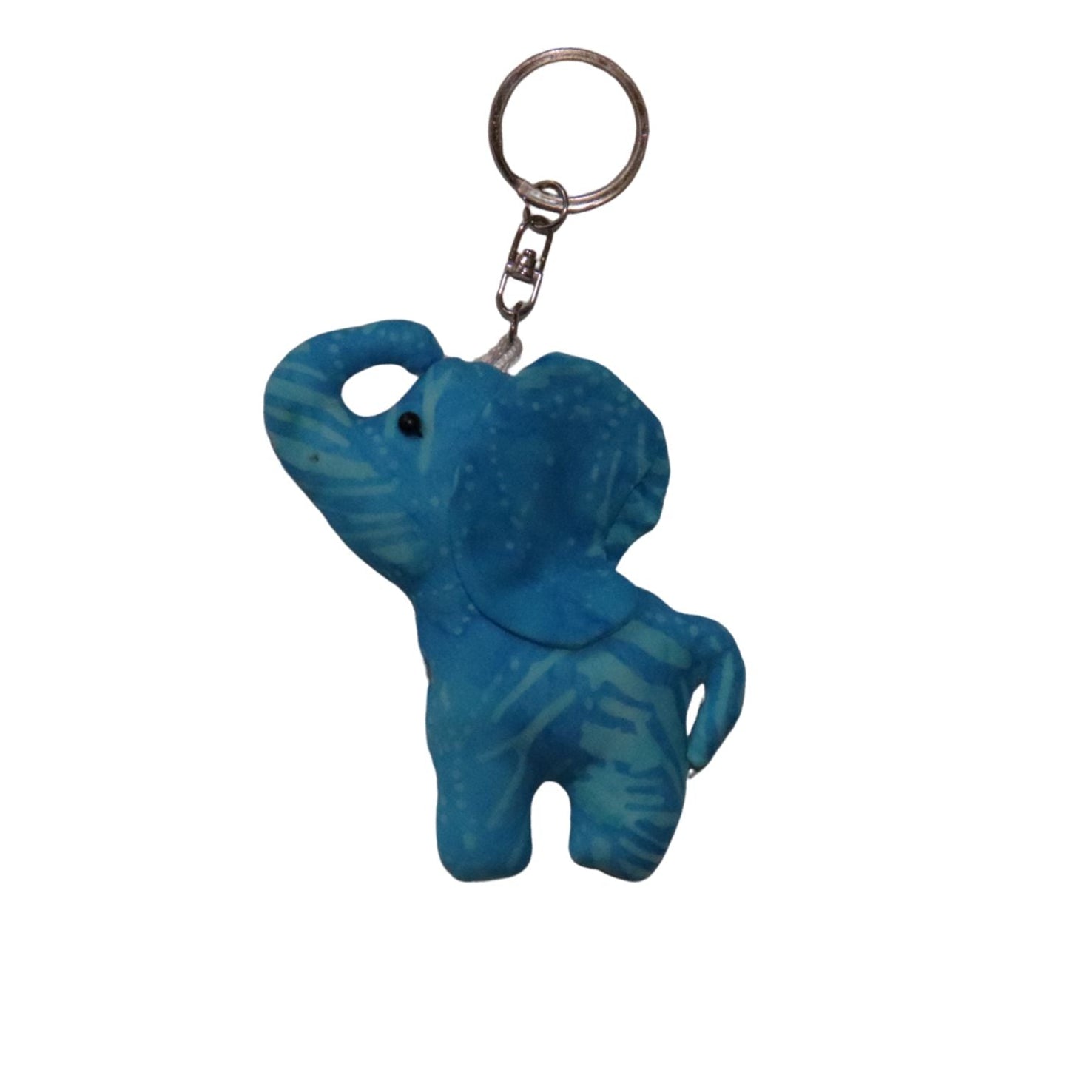 Blue elephant-shaped keychain on a white background