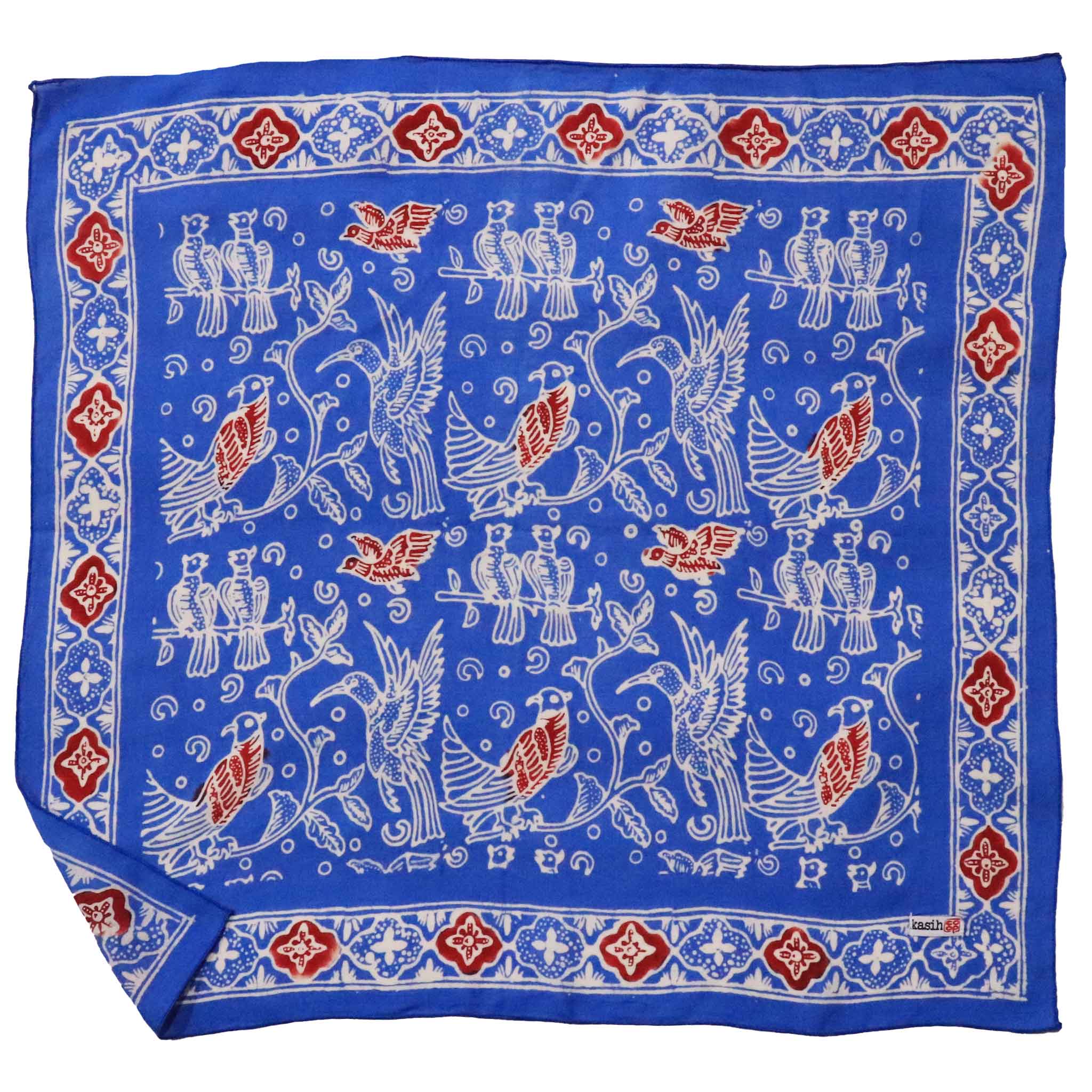 Blue bandana with white and red bird patterns on a white background