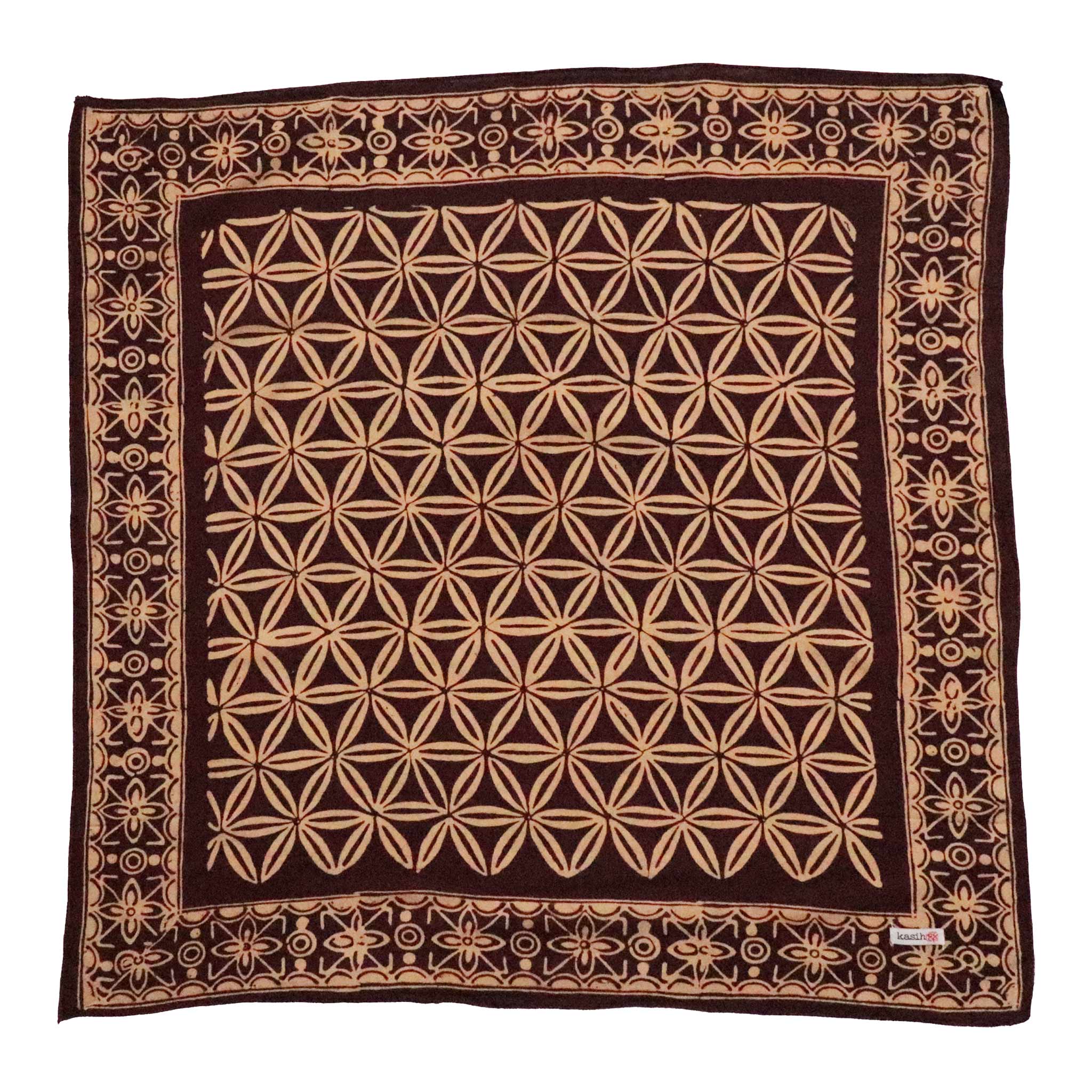 Decorative brown tan cotton bandana with geometric pattern on a white background