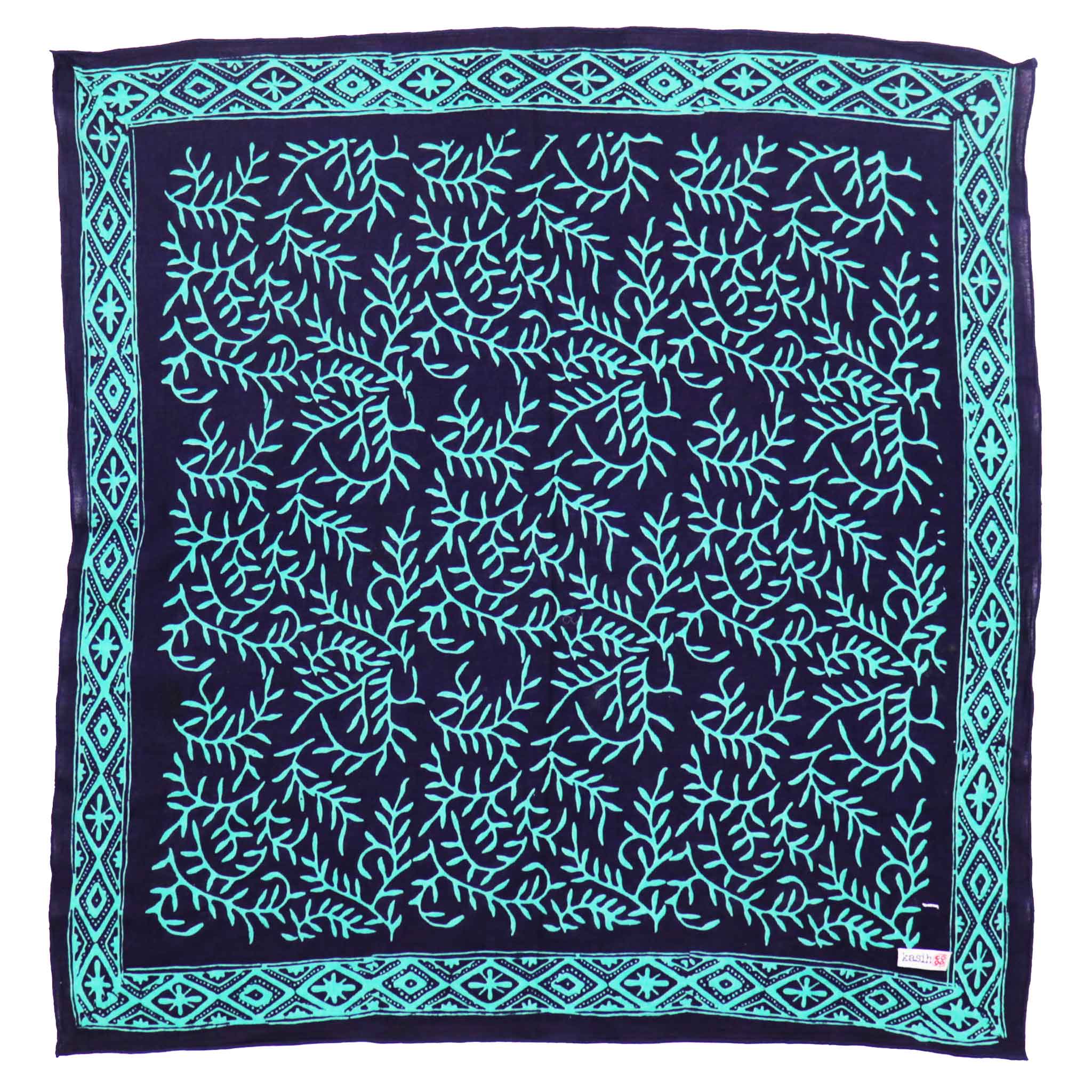 Navy blue aqua batik bandana scarf with light blue leaf pattern