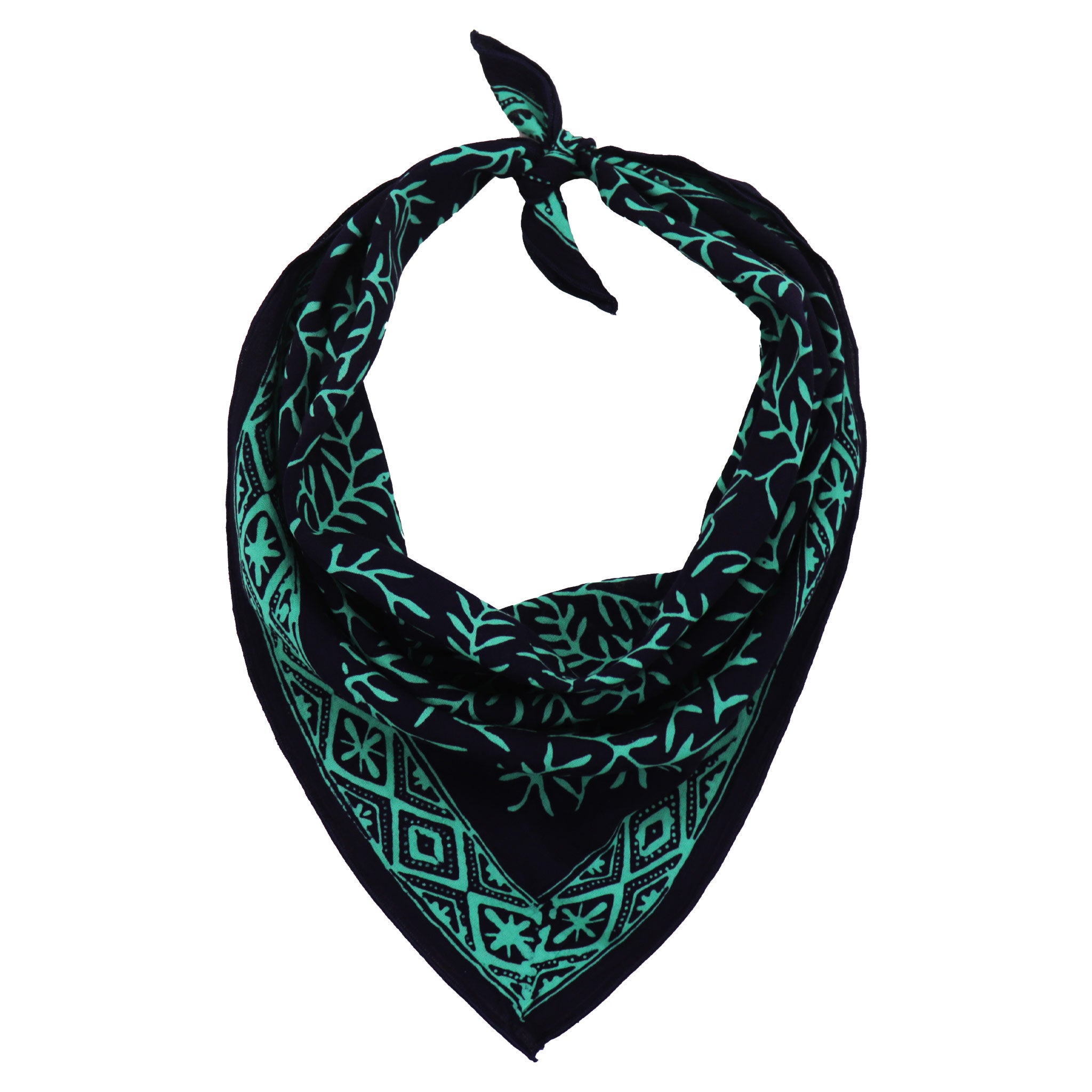 Navy blue bandana with teal twig pattern on a white background