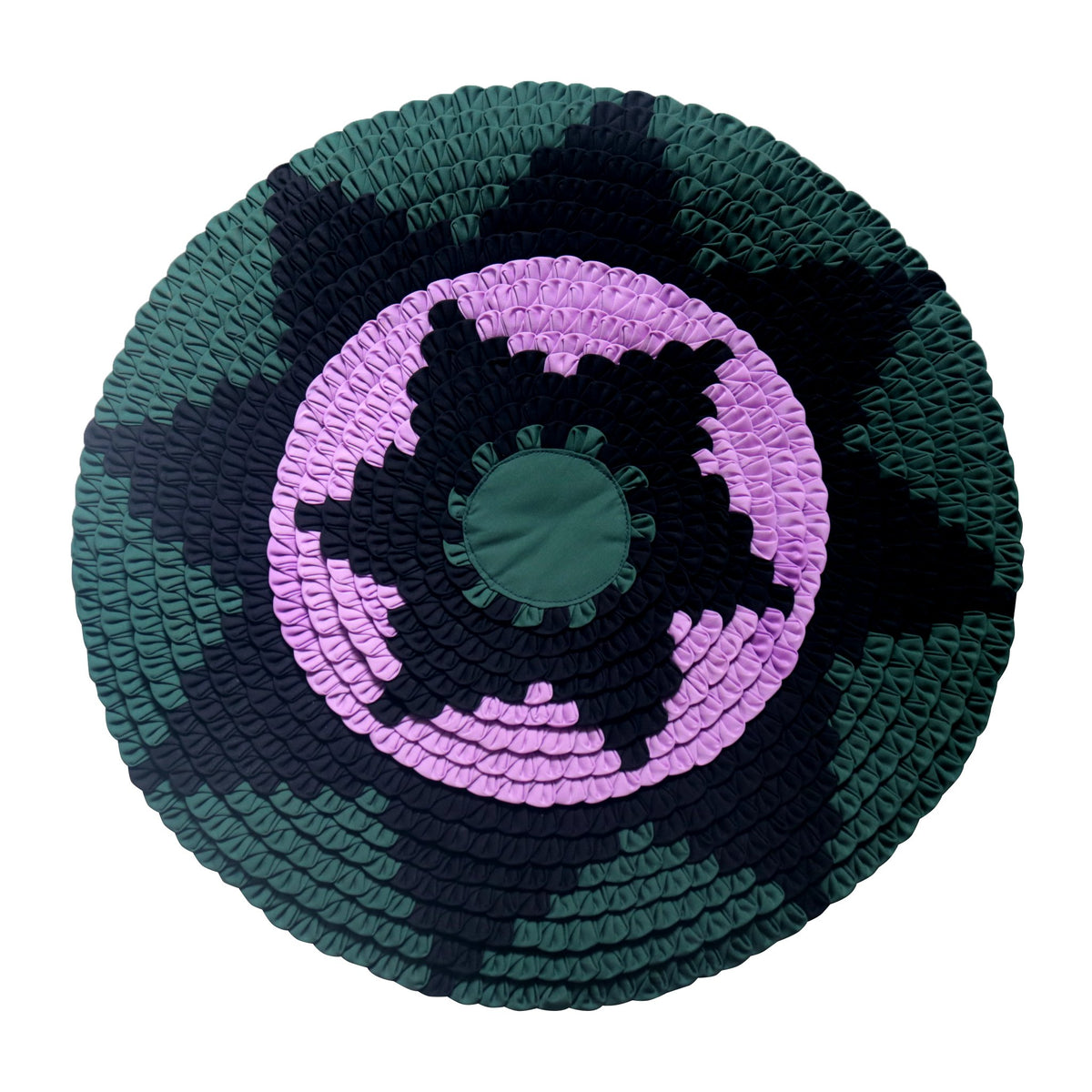 Blue patchwork circle wall hanging fabric art, hand sewn