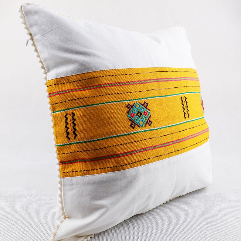 White and Yellow Ikat Pillow. Ethnic, Boho Cushion Case. Handwoven in Indonesia. 16x16