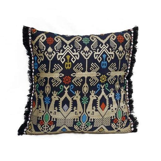 Batik, Ikat Pillow Cover, Black & Gold with Black Fringe. Ethnic, Boho Cushion Case. Handwoven in Indonesia. 20x20 inches