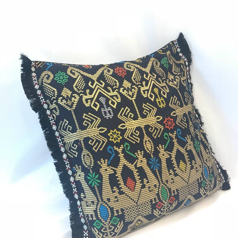 Batik, Ikat Pillow Cover, Black & Gold with Black Fringe. Ethnic, Boho Cushion Case. Handwoven in Indonesia. 20x20 inches