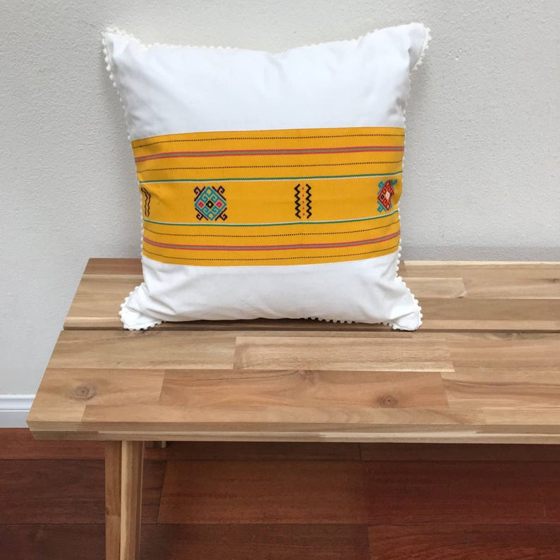 White and Yellow Ikat Pillow. Ethnic, Boho Cushion Case. Handwoven in Indonesia. 16x16