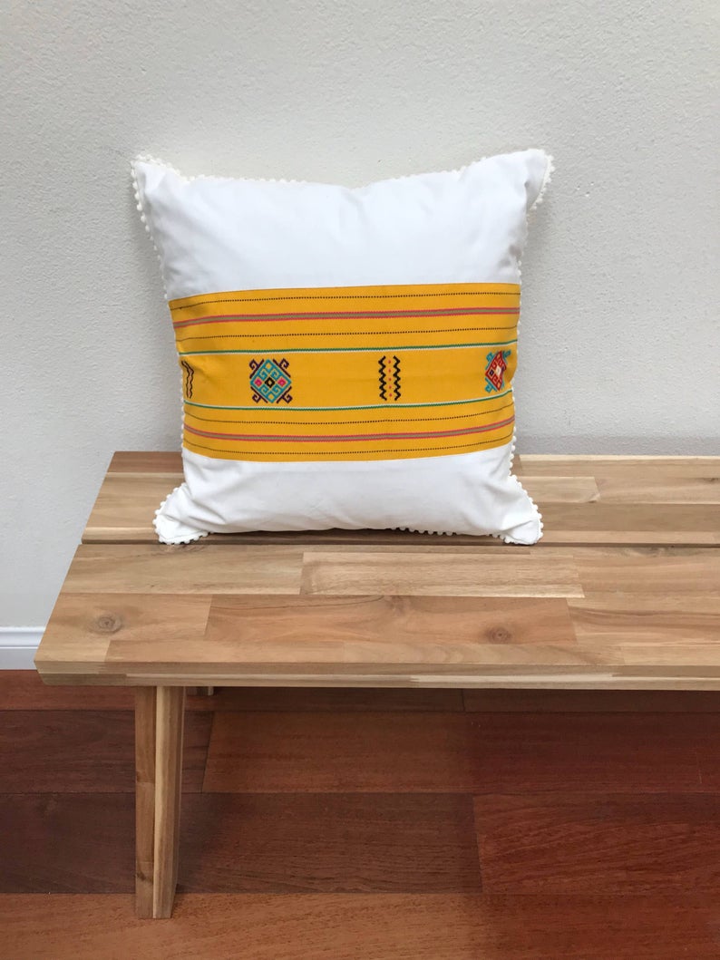 White and Yellow Ikat Pillow. Ethnic, Boho Cushion Case. Handwoven in Indonesia. 16x16