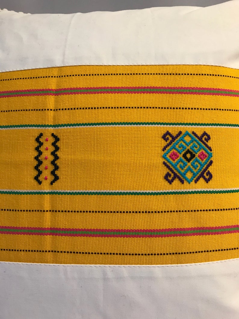 White and Yellow Ikat Pillow. Ethnic, Boho Cushion Case. Handwoven in Indonesia. 16x16