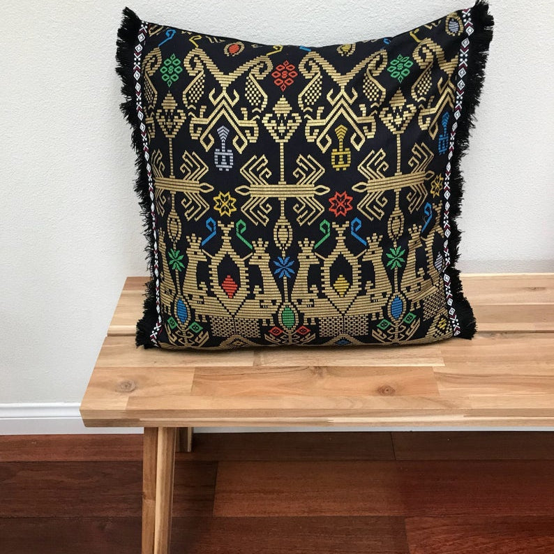 Batik, Ikat Pillow Cover, Black & Gold with Black Fringe. Ethnic, Boho Cushion Case. Handwoven in Indonesia. 20x20 inches