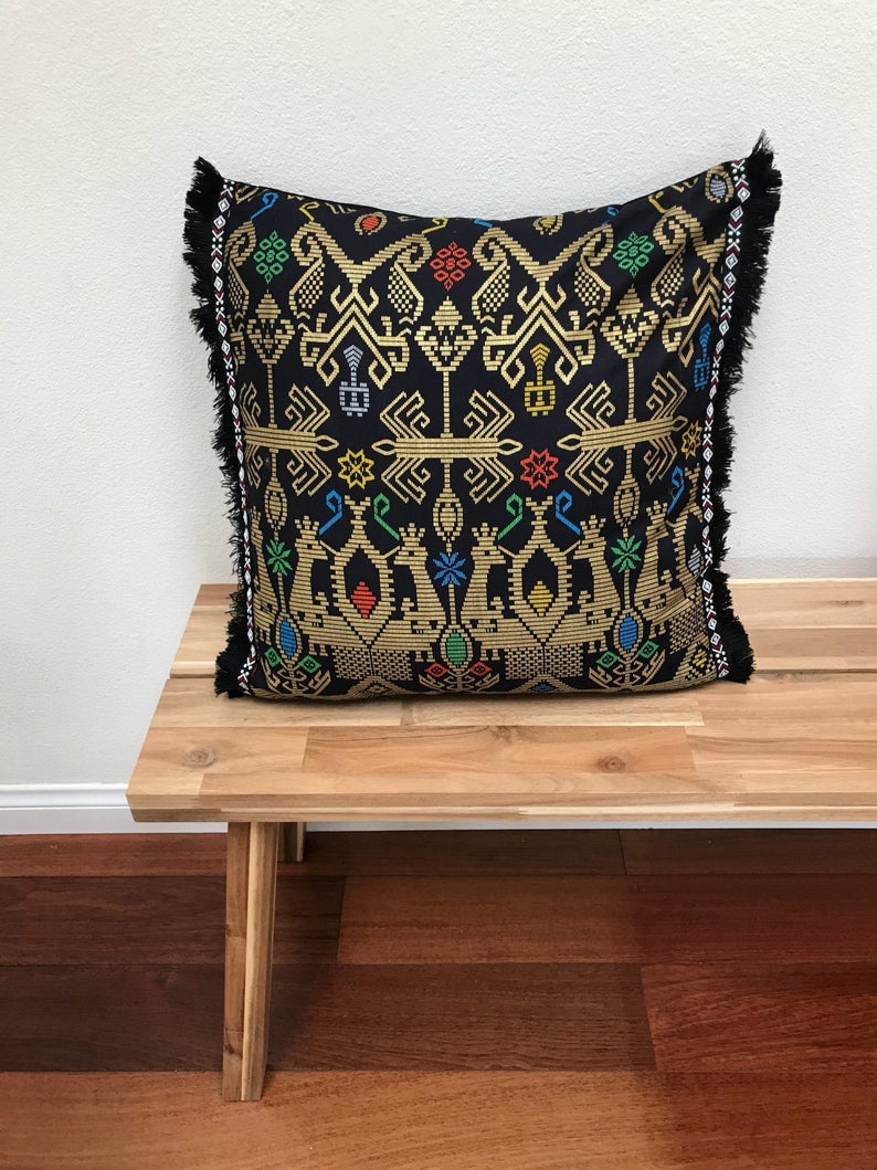 Batik, Ikat Pillow Cover, Black & Gold with Black Fringe. Ethnic, Boho Cushion Case. Handwoven in Indonesia. 20x20 inches