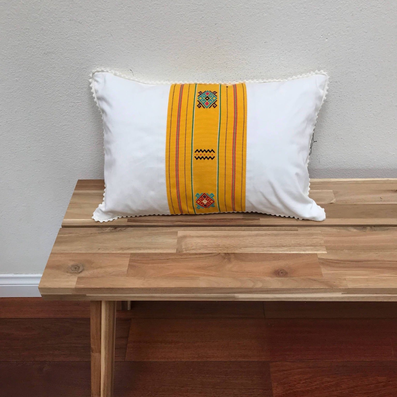 White and Yellow Ikat Pillow. Ethnic, Boho Cushion Case. Handwoven in Indonesia. 12x18 inches