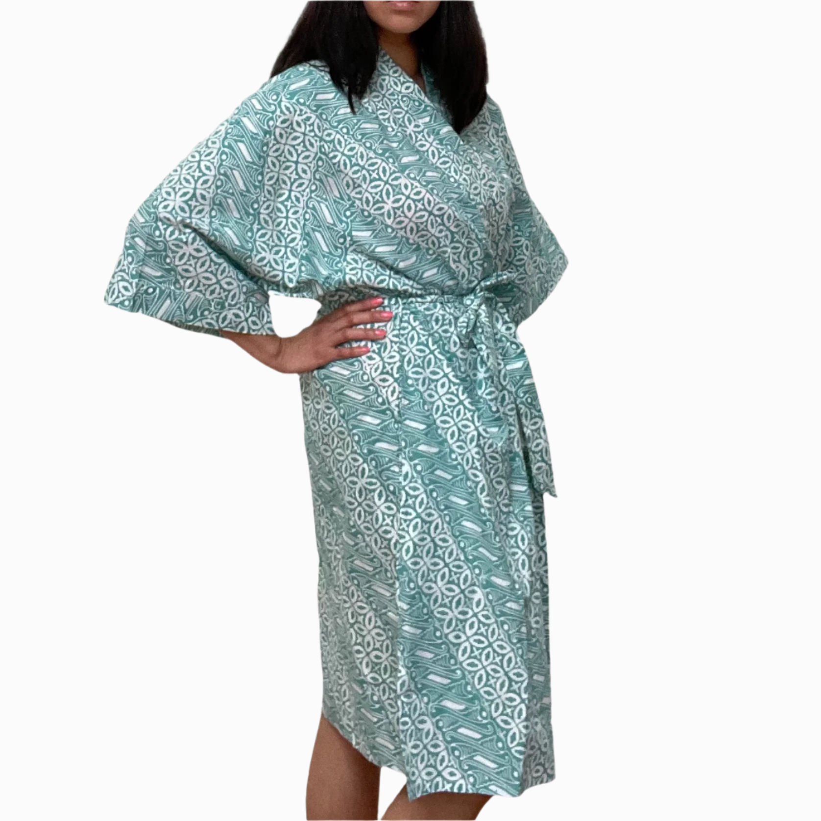 Kasih Co-op hand-dyed batik robe in Green Royalty pattern, a bridesmaid getting-ready gift