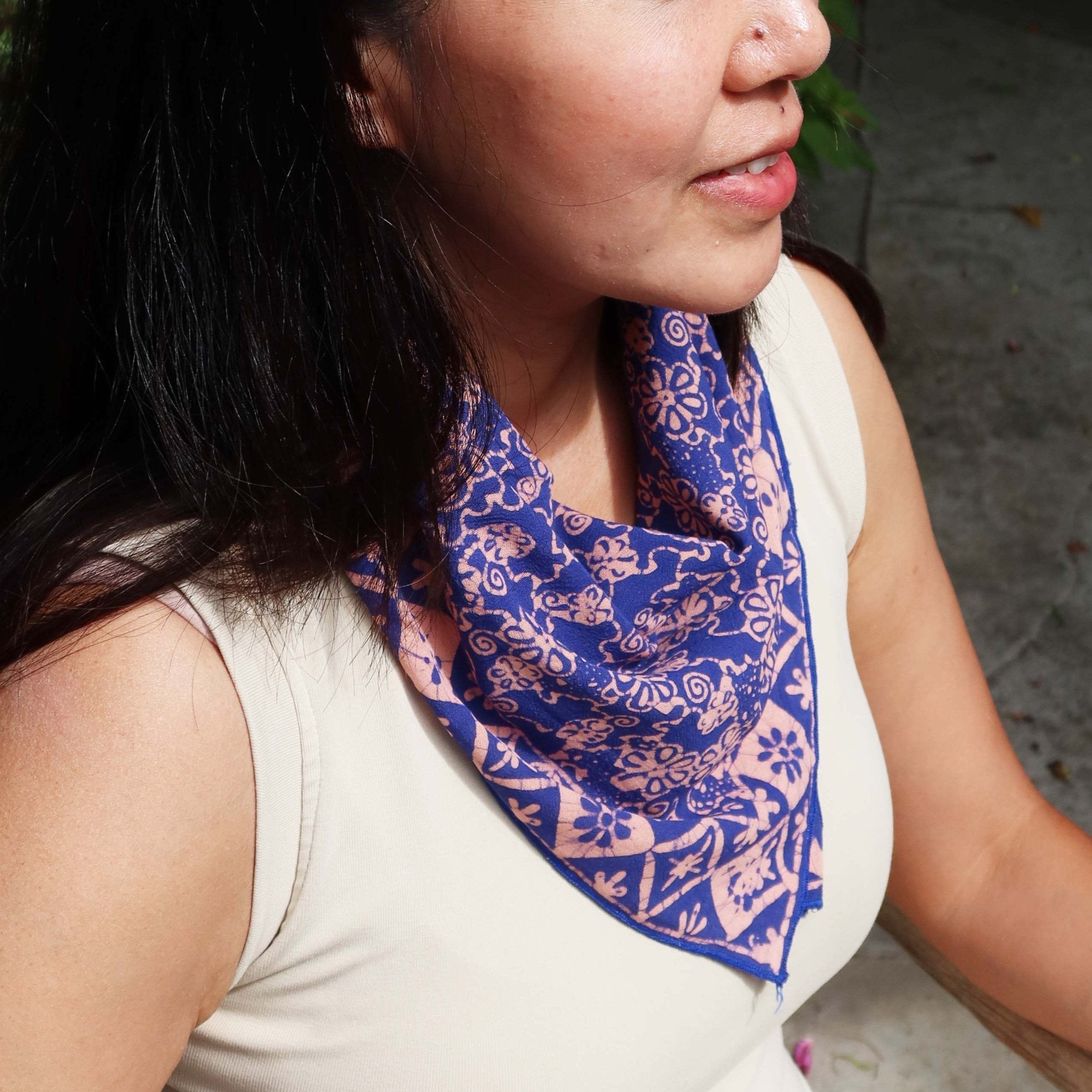 Kasih Co-op batik bandana in Mangosteen pink and blue pattern