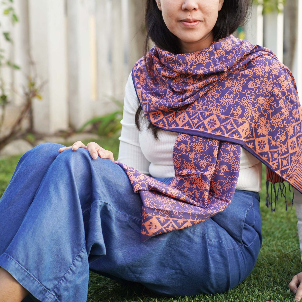 Hand-dyed fair trade batik scarf in blue and pink, Mangosteen design, by Kasih Co-op
