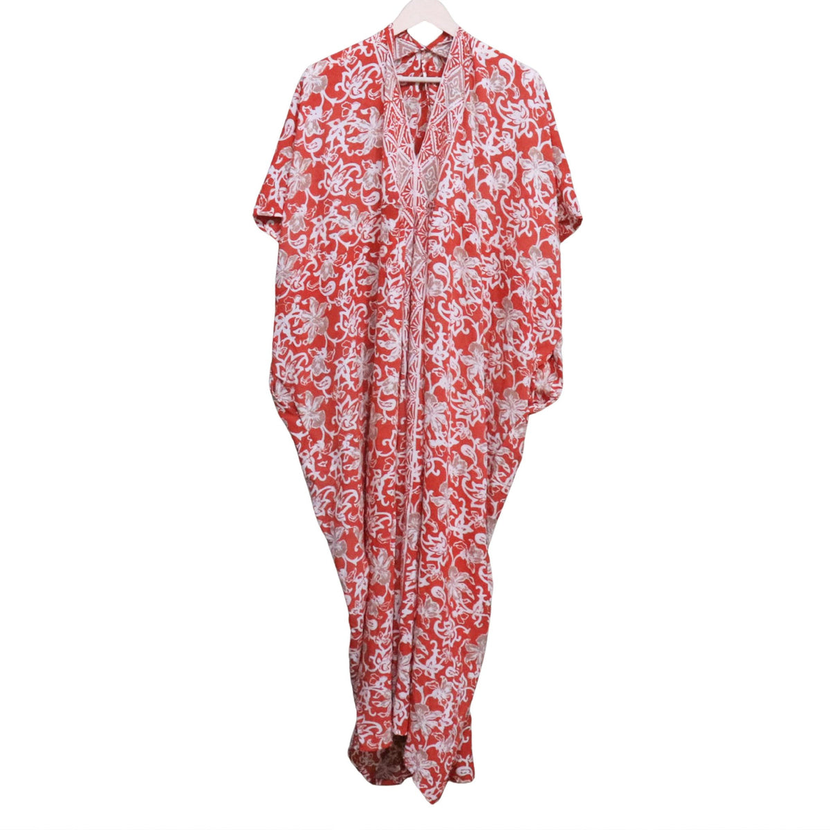 Fiery Flora hand-dyed batik kaftan dress for a Bali-themed party