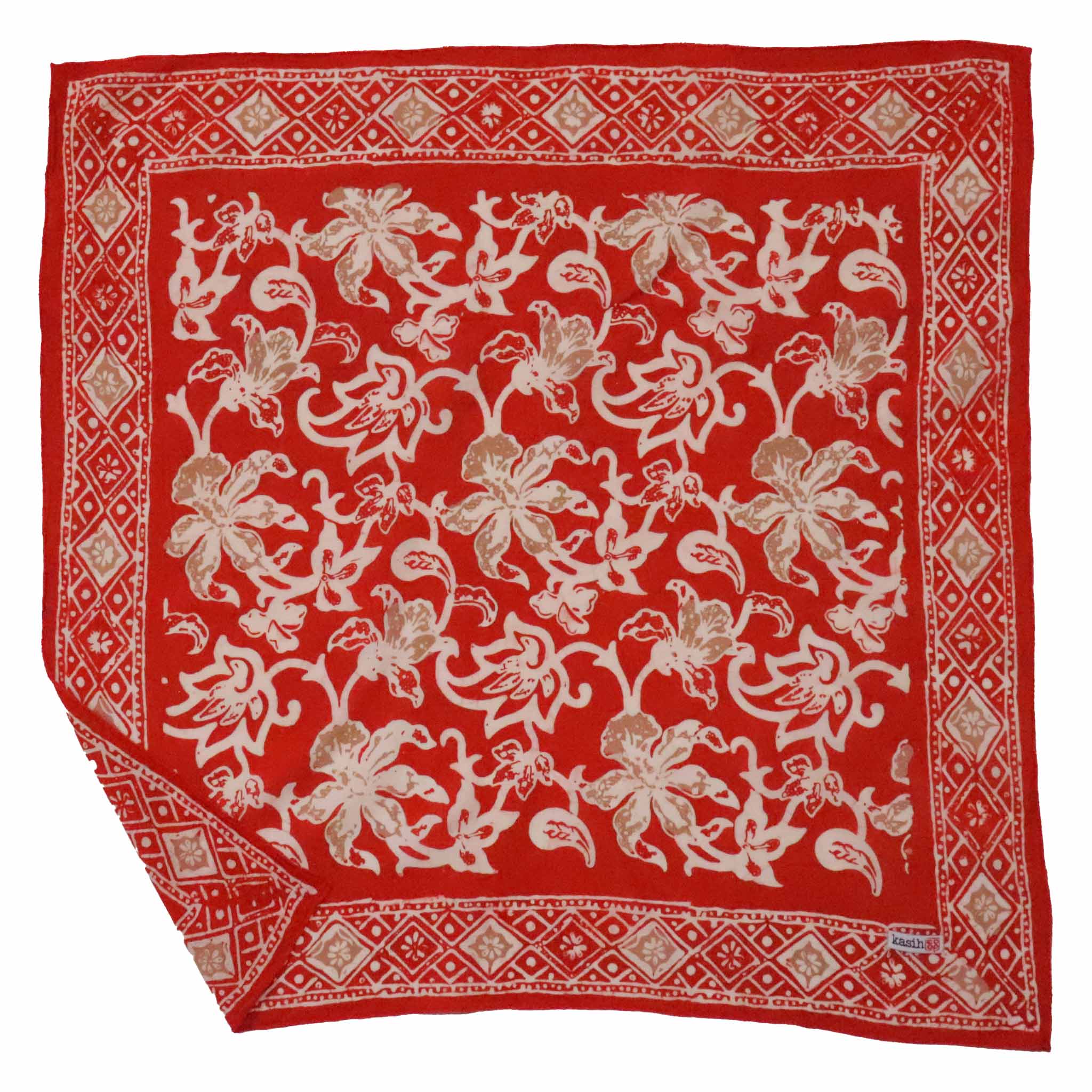 Red Fiery Flora hand-dyed batik bandana for a Rosie the Riveter Halloween costume