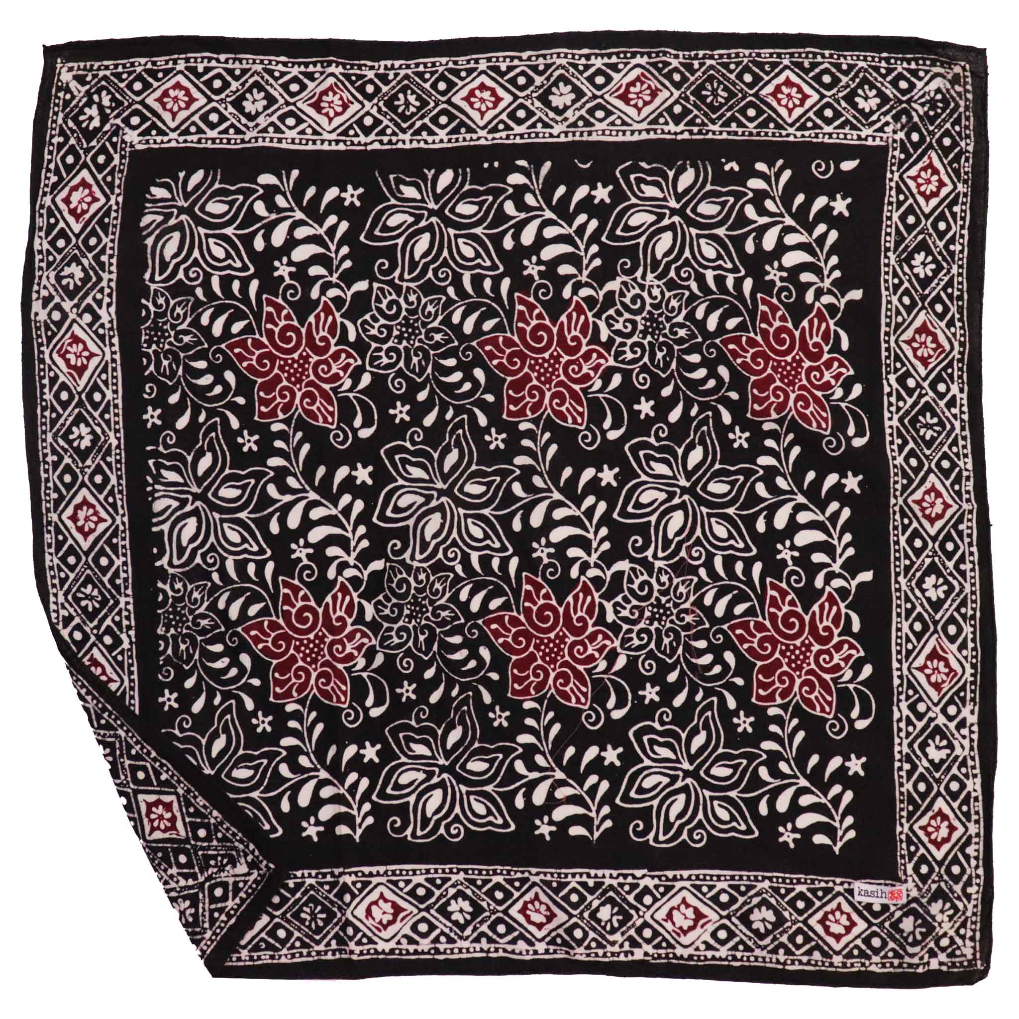 Kasih Co-op hand-dyed, hand-stamped batik bandana in Black Red Star pattern