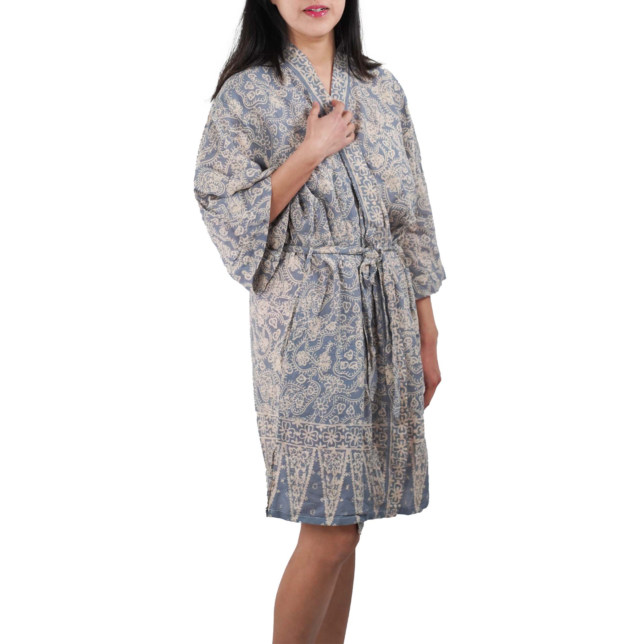 Silver Petals hand-dyed cotton batik robe kimono