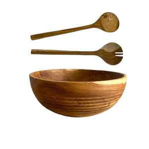 Set of Three - Large Teak Wood and Spoon Fork Serving Set. Big Carving Salad Bowl with Bottom Carving, Handcarved in Indonesia