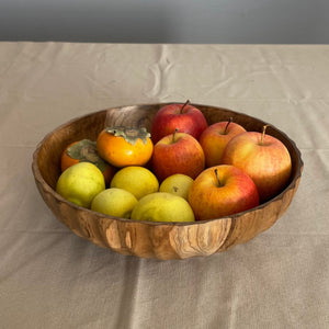 Medium Suar Wood Fruit Bowl, Handcarved in Indonesia, Flat Wooden Bowl