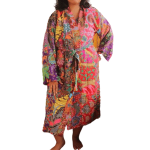 Handmade Long Mid Calf Thick Quilted Printed Batik Robe/ Kimono - Cotton