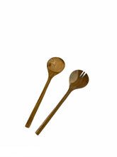 Load image into Gallery viewer, Set of Three - Large Teak Wood and Spoon Fork Serving Set. Big Carving Salad Bowl with Bottom Carving, Handcarved in Indonesia