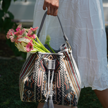 Load image into Gallery viewer, Handwoven Ikat Natural Dye Bag and Leather in Multi Color and Gray Leather