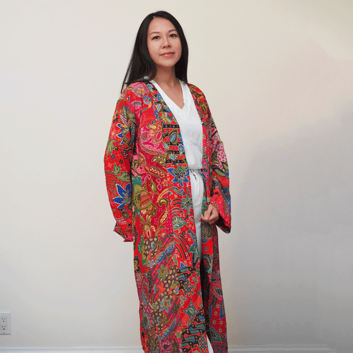 Handmade Thick Quilted Printed Batik Long Jacket with Patchwork Inner Lining - Cotton - odk004