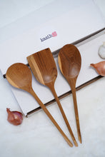 Load image into Gallery viewer, Set of 3 Cooking Kitchen Utensils Teak Wood 14inches ( two spoons and one spatula)