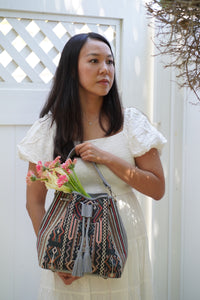 Handwoven Ikat Natural Dye Bag and Leather in Multi Color and Gray Leather