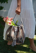 Load image into Gallery viewer, Handwoven Ikat Natural Dye Bag and Leather in Multi Color and Gray Leather