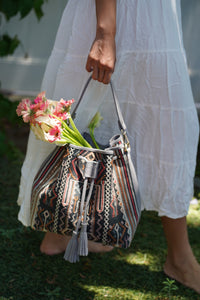 Handwoven Ikat Natural Dye Bag and Leather in Multi Color and Gray Leather