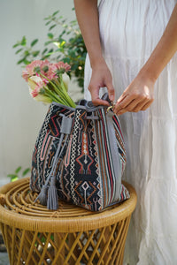 Handwoven Ikat Natural Dye Bag and Leather in Multi Color and Gray Leather