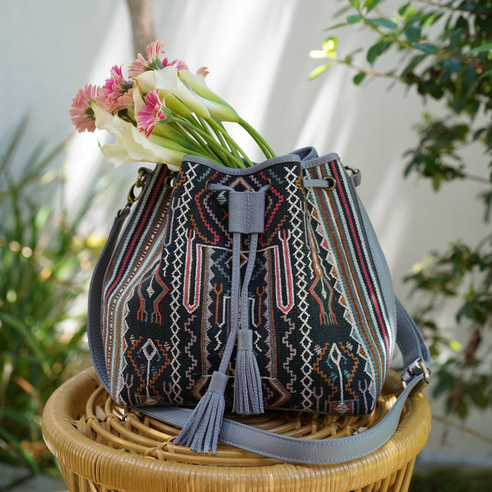 Handwoven Ikat Natural Dye Bag and Leather in Multi Color and Gray Leather