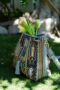 Handwoven Ikat Natural Dye Bag and Leather in Multi Color and Gray Leather