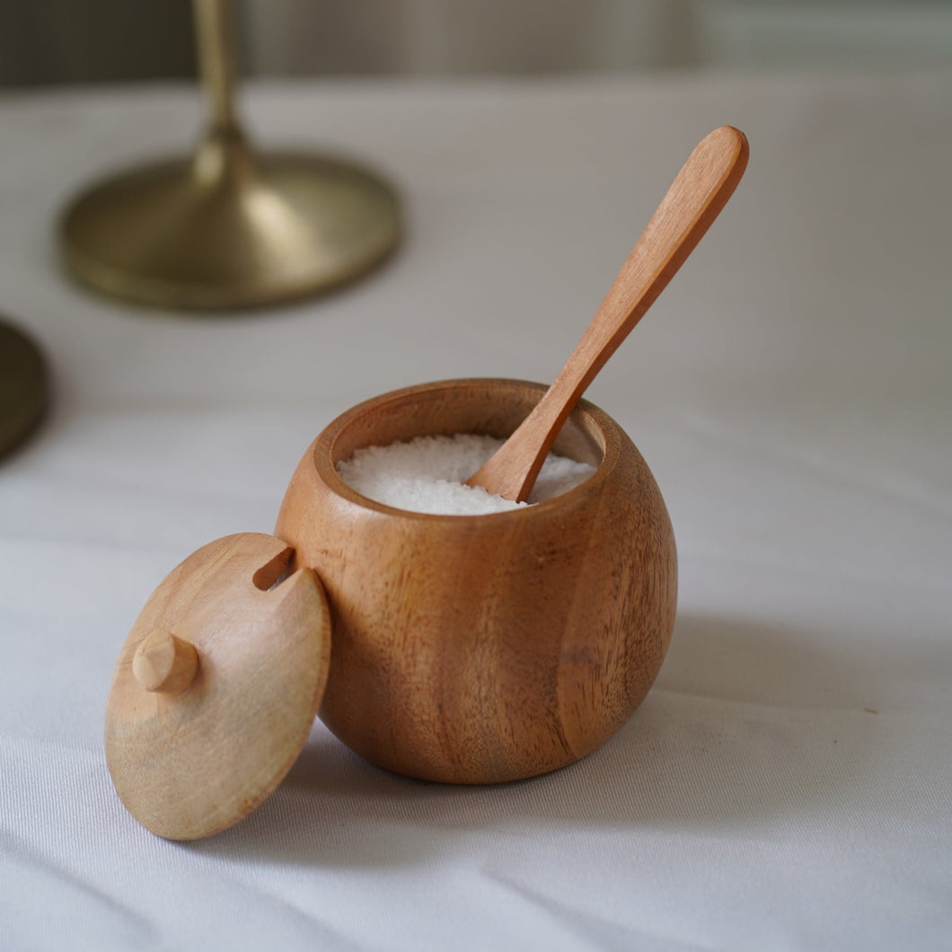 Kasih Coop Small Teak Wood Seasoning Bowl with Spoon
