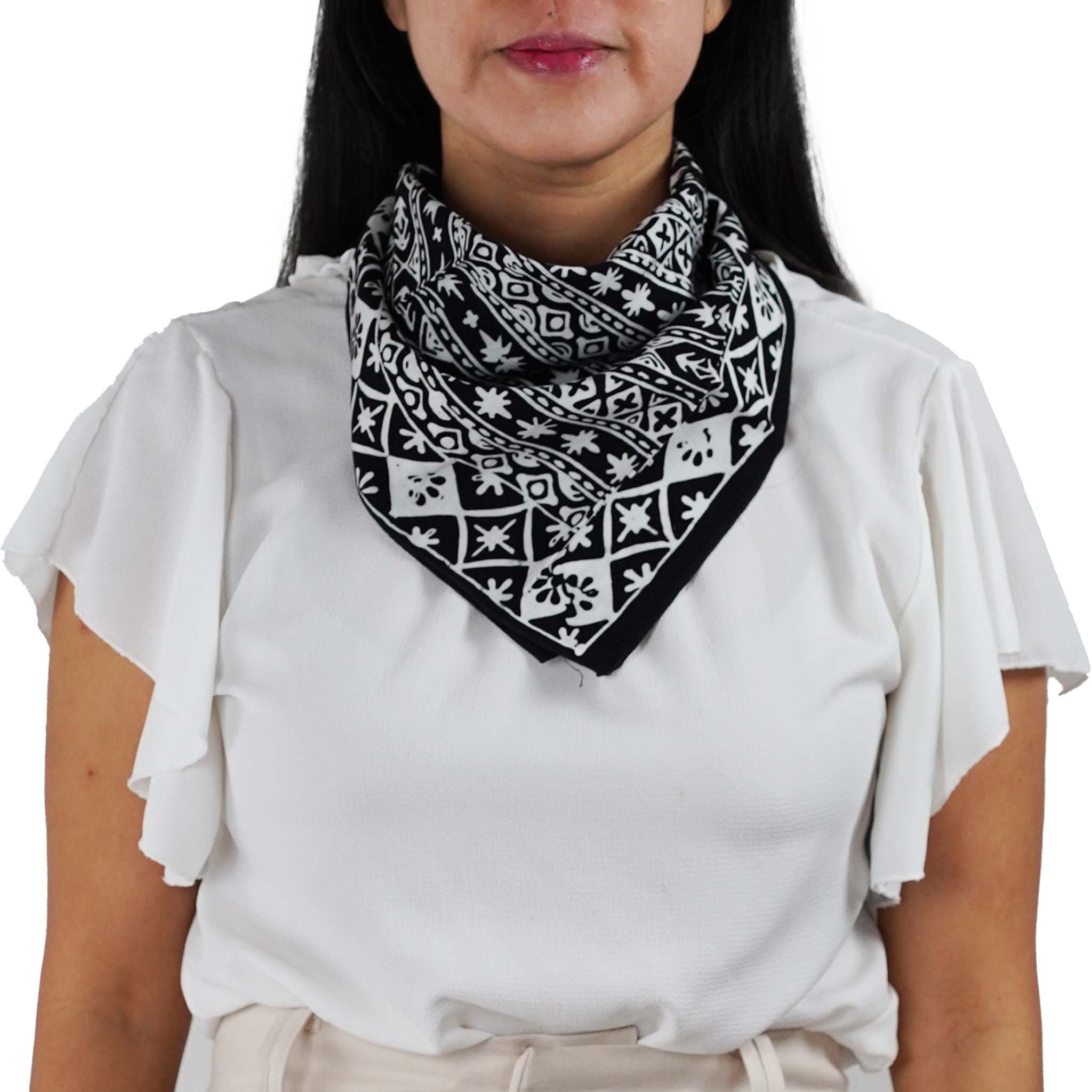 Black and white patterned 100% cotton bandana with a Kasih Co-op logo on a white background