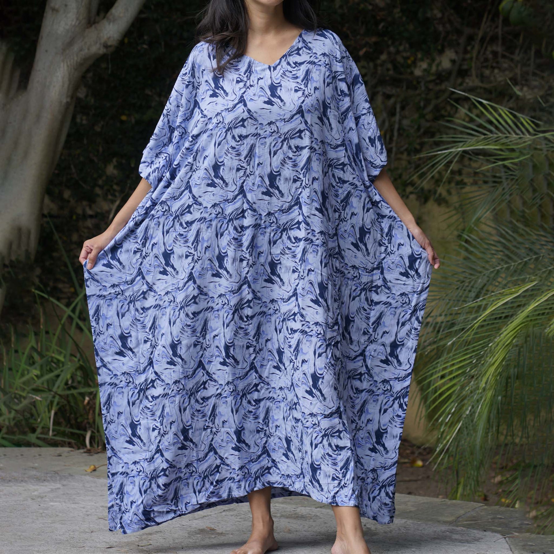 Kaftan Dress Rayon Blue Marble Lightweight Kaftan Dress Rayon Blue Marble Lightweight