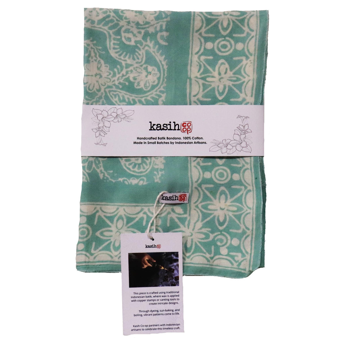 Turquoise batik bandana handmade by artisans in Java, Indonesia