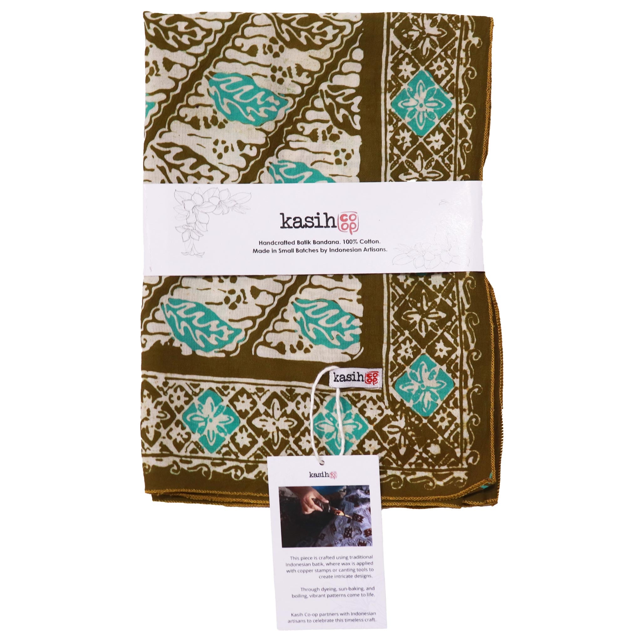 Folded fabric with green and brown pattern and 'kashi' branding on a white background