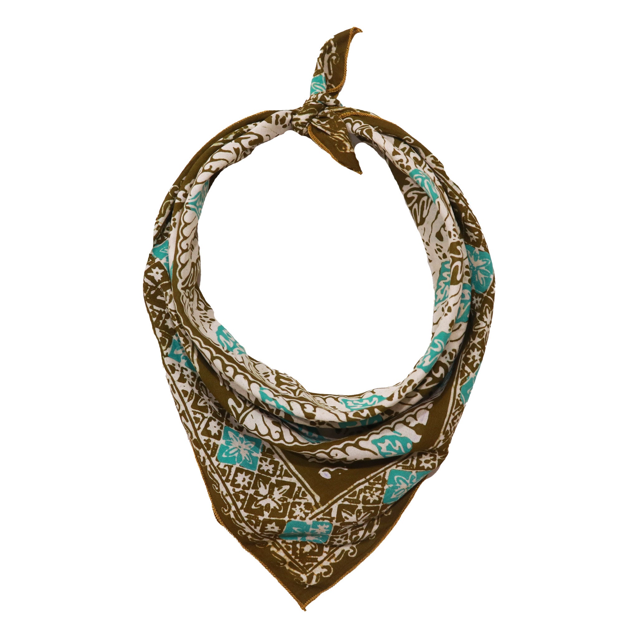 Patterned bandana with green and white design on a white background