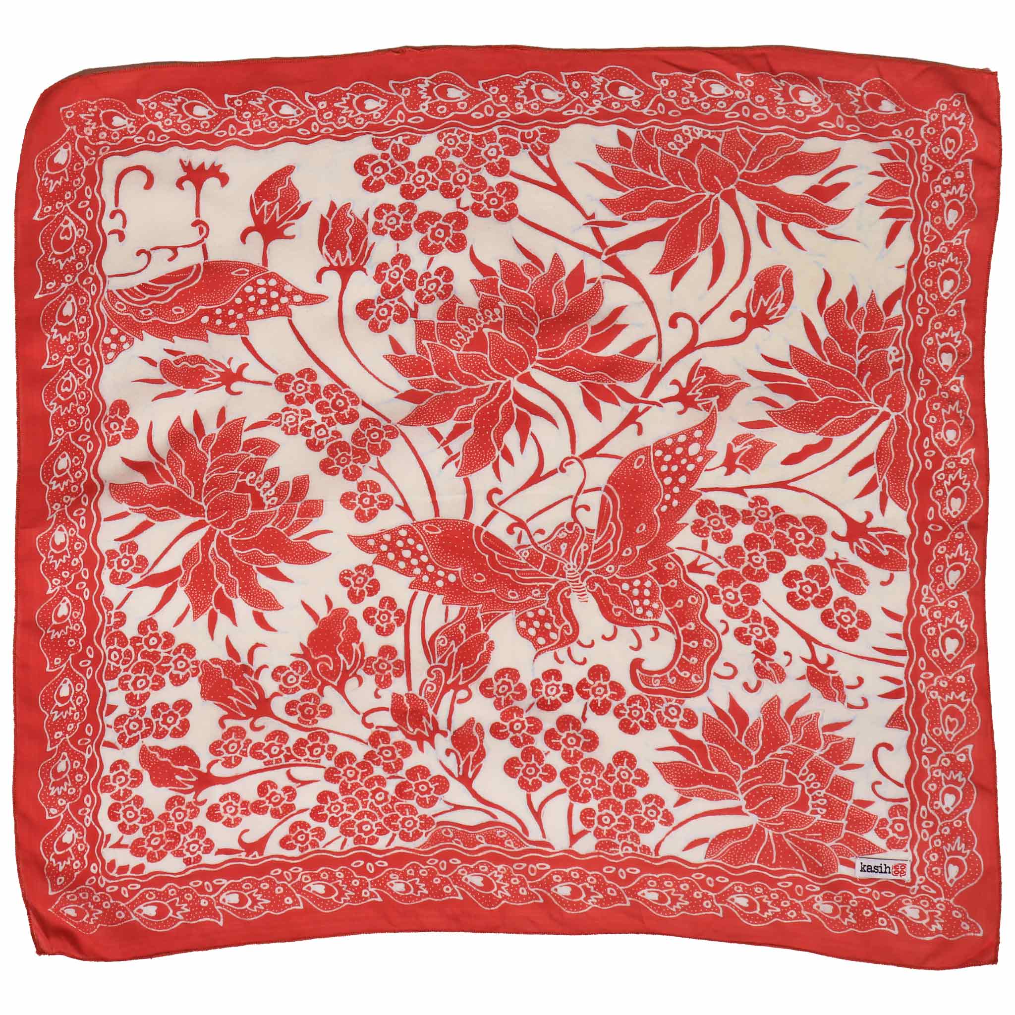 Red bandana with white floral and butterfly pattern