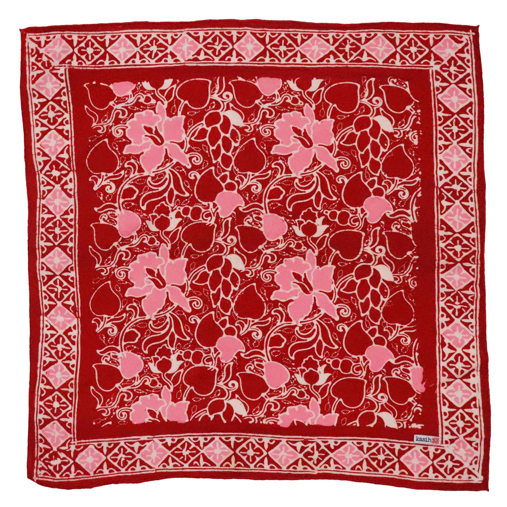 Red and pink patterned batik bandana 100% Cotton square with a decorative border