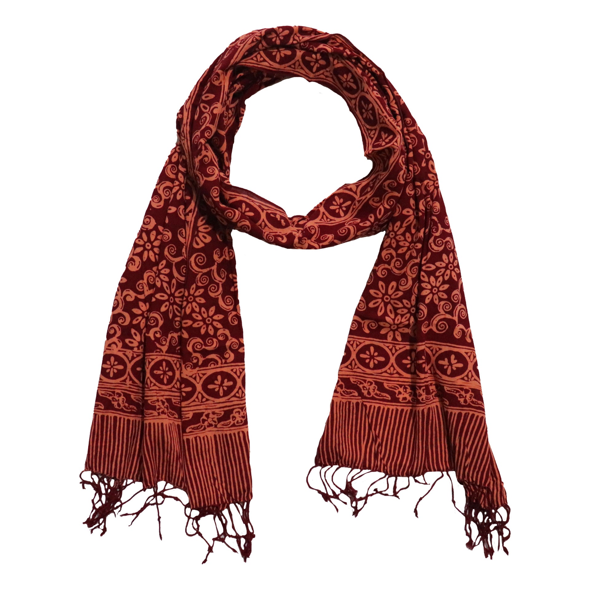 Hand Dyed Batik Scarf Cotton Red Loop, Lightweight 100% Soft