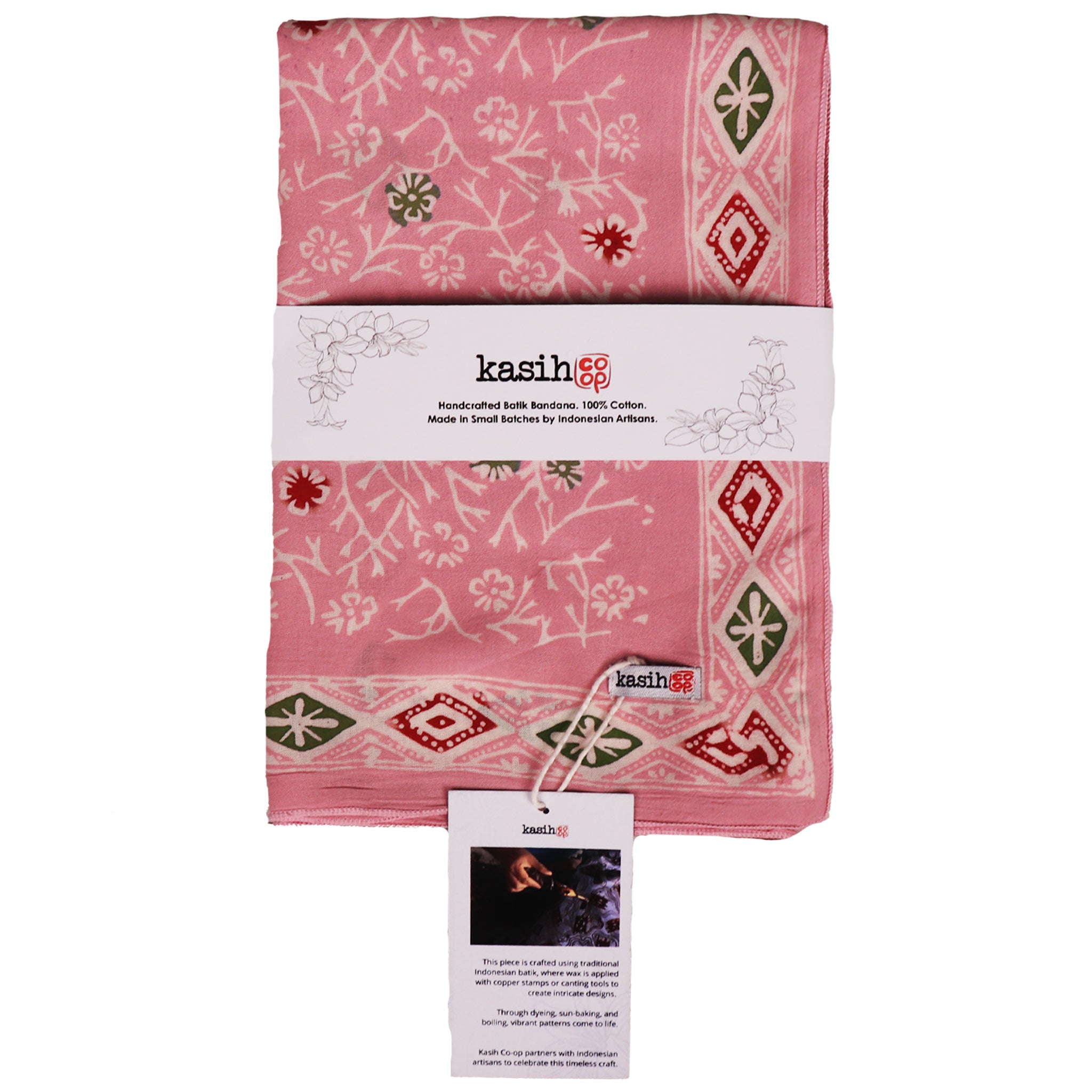 Pink bandana with white patterns and 'kasih' branding on a white background