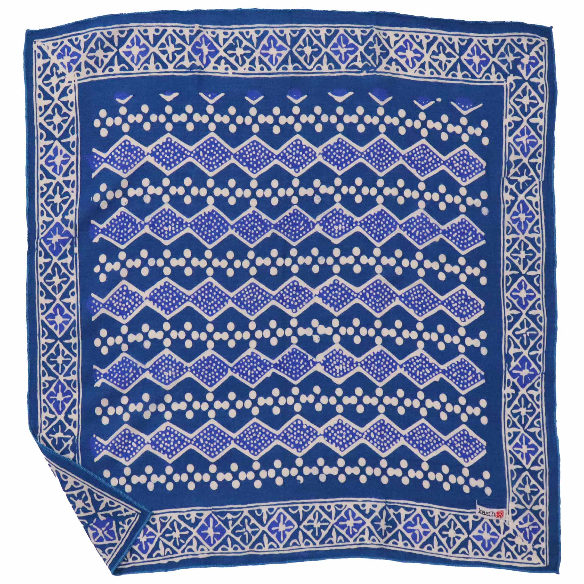 Blue diamond bandana with white geometric pattern on a white background