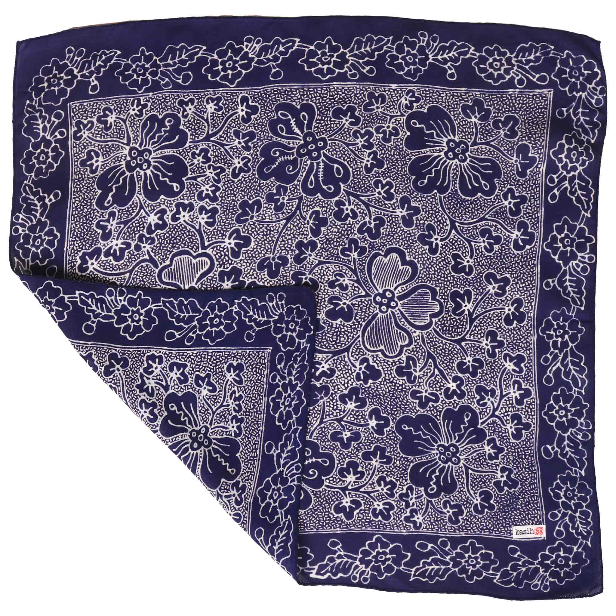 【トゥバン(Tuban)手紡,手織布,茶綿,藍染バティック】022-254B Fully Hand Drawn Indigo Botanically Dyed Batik Tulis Bandana